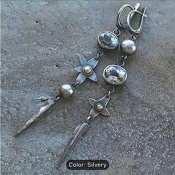 Vintage Irregular Boho Earrings, Geometric, Handmade, Silver, - Picture 4 of 6